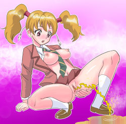 Rule 34 | 1girl, arm support, blush, breasts, brown footwear, brown hair, bubble background, censored, clothes lift, earrings, fresh precure!, green neckwear, jacket, jewelry, large breasts, long hair, long sleeves, looking down, mojo-jojo (artist), momozono love, navel, necktie, nipples, no panties, open clothes, open jacket, open mouth, open shirt, peeing, pink background, pink eyes, pink jacket, pink skirt, precure, puddle, purple background, pussy, school uniform, shirt, shoes, skirt, skirt lift, socks, squatting, steam, striped neckwear, twintails, two-tone background, white legwear, white shirt, yellow neckwear