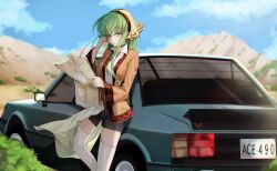 Rule 34 | 1girl, absurdres, alternate costume, black choker, black shorts, blue car, blue sky, blush, breasts, brown jacket, budgiepon, c.c., car, casual, choker, closed mouth, code geass, commentary request, crossed bangs, day, dress, dress shirt, eyes visible through hair, feet out of frame, floating hair, geass, green hair, hair between eyes, hand in own hair, hand up, head scarf, highres, holding, holding map, jacket, lips, long hair, long sleeves, looking at viewer, map, medium breasts, motor vehicle, outdoors, scenery, shirt, shorts, sidelocks, sky, smile, solo, standing, straight hair, sunlight, thighhighs, very long hair, white dress, white thighhighs, wide shot, wide sleeves, wind, wind lift, yellow eyes