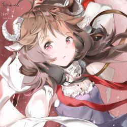 Rule 34 | 1girl, animal ears, arknights, artist name, brown hair, character name, dated, dress, elite ii (arknights), eyjafjalla (arknights), floating hair, horns, long hair, looking at viewer, mask, mask around neck, open mouth, pink eyes, purple dress, red background, sheep ears, sheep girl, sheep horns, shiru no, solo, sparkle, upper body, white sleeves