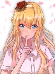 Rule 34 | 1girl, blonde hair, blue eyes, braid, commentary, dress, english commentary, french braid, highres, index finger raised, kantai collection, long hair, official alternate costume, roko roko (doradorazz), short sleeves, solo, upper body, warspite (kancolle), white dress