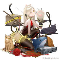 Rule 34 | 1girl, animal ears, animal hands, ash arms, blonde hair, box, cable, cable tail, cat, cat ears, cat tail, commentary request, full body, highres, long hair, mechanical tail, one eye closed, shark, simple background, sleeveless, solo, tail, takubon, thighhighs, vk16.02 leopard (ash arms), white background, yarn, yarn ball