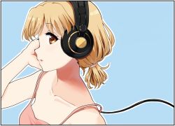 Rule 34 | 1girl, bare shoulders, blonde hair, blue background, brown eyes, collarbone, hand on own ear, headphones, k-on!, k-on! shuffle, kakifly, looking at viewer, official art, open mouth, pink tank top, sakuma yukari, simple background, solo, tank top