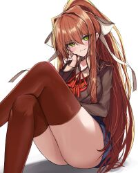 Rule 34 | 1girl, b4 (yonten), blue skirt, blush, bow, breasts, brown hair, brown jacket, closed mouth, crossed legs, doki doki literature club, green eyes, hair bow, hand on own cheek, hand on own face, high ponytail, highres, jacket, large breasts, long hair, long sleeves, looking at viewer, miniskirt, monika (doki doki literature club), neck ribbon, red ribbon, red thighhighs, ribbon, sitting, skirt, smile, solo, thighhighs, very long hair, white bow