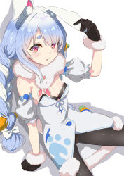 Rule 34 | 1girl, animal ear fluff, arm at side, arm up, black gloves, black pantyhose, blue hair, blue ribbon, bow, braid, breasts, carrot, carrot hair ornament, cleavage, clenched hand, cowboy shot, detached sleeves, dress, ear down, expressionless, food-themed hair ornament, from above, fur-trimmed dress, fur-trimmed gloves, fur collar, fur trim, gloves, grabbing, gradient hair, hair bow, hair ornament, hand on own ear, highres, hololive, legs apart, long hair, looking at viewer, looking up, miyagi yuki, multicolored hair, pantyhose, parted bangs, parted lips, pom pom (clothes), puffy sleeves, rabbit ears, rabbit girl, rabbit tail, red eyes, ribbon, short eyebrows, short sleeves, sideways glance, simple background, sitting, small breasts, solo, strapless, strapless dress, thick eyebrows, twin braids, twintails, two-tone hair, usada pekora, usada pekora (1st costume), virtual youtuber, white background, white bow, white dress, white hair, white sleeves