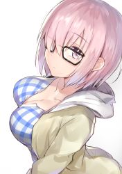 Rule 34 | 1girl, breasts, cleavage, fate/grand order, fate (series), glasses, hair over one eye, highres, kyouki, looking up, mash kyrielight, mash kyrielight (senpai killer outfit), official alternate costume, plaid, purple eyes, purple hair, short hair, simple background, solo, white background