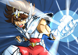 Rule 34 | 1boy, armor, blue background, breastplate, brown eyes, brown hair, clenched hands, hair between eyes, hairband, looking at viewer, male focus, open mouth, pants, pauldrons, pegasus seiya, red pants, saint seiya, shoulder armor, sketch, solo, spiked hair, tsukikage oyama, white hairband