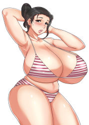 Rule 34 | 1girl, armpits, arms behind head, bikini, black eyes, black hair, breasts, cameltoe, curvy, female focus, gigantic breasts, groin, highres, hip focus, mature female, navel, short hair, simple background, solo, standing, striped bikini, striped clothes, swimsuit, tamanegiya, thick lips, white background, wide hips