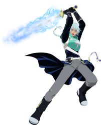 Rule 34 | 1boy, aqua hair, armor, black gloves, blue eyes, boots, braid, commentary, english commentary, full body, gloves, grey pants, hair between eyes, highres, holding, holding sword, holding weapon, long hair, male focus, official art, open mouth, pants, solo, sword, tales of (series), tales of asteria, tales of rebirth, teeth, transparent background, veigue lungberg, weapon