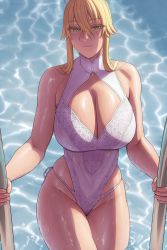 Rule 34 | 1girl, ahoge, artoria pendragon (all), artoria pendragon (fate), artoria pendragon (swimsuit ruler) (fate), artoria pendragon (swimsuit ruler) (second ascension) (fate), bad source, bare arms, blonde hair, blush, breasts, cleavage, climbing ladder, closed mouth, embroidery, fate/grand order, fate (series), green eyes, hair between eyes, highleg, highleg swimsuit, highres, large breasts, looking at viewer, lvl (sentrythe2310), one-piece swimsuit, pool, pool ladder, poolside, sidelocks, smile, solo, swimsuit, thick thighs, thighs, wading, water, wet, white one-piece swimsuit