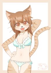 Rule 34 | 1girl, :3, :d, absurdres, animal ear fluff, animal ears, animal nose, arm behind head, bakegirin, beige fur, blush, body fur, bra, breasts, brown eyes, brown fur, brown hair, cat, cat ears, cat girl, cat tail, commentary request, cowboy shot, facing viewer, furry, furry female, green bra, green panties, hair between eyes, hand on own hip, highres, long hair, medium breasts, navel, open mouth, original, panties, signature, simple background, smile, solo, standing, striped fur, tail, two-tone fur, underwear, whiskers, white background