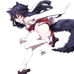 Rule 34 | 1girl, ahoge, animal ears, ass, black hair, blush, breasts, commentary request, dated, ejami, ekko (ejami), fox ears, fox girl, fox tail, hair between eyes, long hair, original, red eyes, signature, simple background, small breasts, solo, tail, white background, yuki onna
