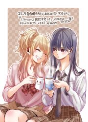 Rule 34 | 2girls, aihara mei, aihara yuzu, black hair, black necktie, blonde hair, blush, border, bow, bowtie, breast pocket, buttons, citrus (saburouta), closed eyes, closed mouth, commentary request, cup, holding, holding cup, long hair, long sleeves, looking at another, multiple girls, necktie, pink shirt, plaid, plaid skirt, pocket, ponytail, saburouta, school uniform, shirt, sitting, skirt, teeth, translation request, white border, white shirt