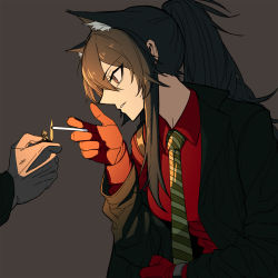 Rule 34 | 1girl, 1other, animal ear fluff, animal ears, arknights, black hair, black jacket, brown gloves, cigarette, commentary, english commentary, fkskii65, gloves, grey background, highres, holding, holding cigarette, jacket, lighting cigarette, long hair, looking at another, necktie, official alternate costume, ponytail, profile, red eyes, red gloves, red shirt, shirt, sidelocks, simple background, solo focus, striped neckwear, texas (arknights), texas (willpower) (arknights), upper body, wolf ears, wolf girl