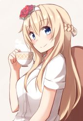 Rule 34 | 10s, 1girl, alternate costume, bad id, bad pixiv id, blonde hair, blue eyes, braid, buttons, cup, french braid, hair between eyes, highres, holding, holding cup, kantai collection, kapatarou, long hair, shirt, short sleeves, smile, solo, teacup, warspite (kancolle), white shirt