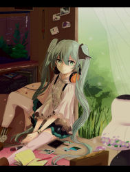 Rule 34 | 1girl, bad anatomy, casual, drill hair, fish tank, green eyes, green hair, hatsune miku, headphones, headphones around neck, indoors, lamp, letter, letterboxed, long hair, matching hair/eyes, mattie, notebook, pen, photo (object), sitting, solo, thighhighs, twin drills, twintails, very long hair, vocaloid