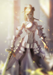 Rule 34 | 1girl, absurdres, ahoge, armor, armored dress, arms at sides, artoria pendragon (fate), black ribbon, blonde hair, breastplate, caliburn (fate), column, detached sleeves, fate/unlimited codes, fate (series), green eyes, highres, long hair, pillar, ribbon, saber lily, serious, solo, v-shaped eyebrows, xell80