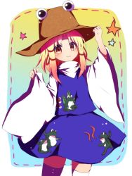 Rule 34 | 1girl, adjusting clothes, adjusting headwear, animal print, bad id, bad pixiv id, blonde hair, blue skirt, blue vest, blush, closed mouth, commentary request, cowboy shot, frog print, hair ribbon, hat, long sleeves, looking at viewer, moriya suwako, red eyes, red ribbon, ribbon, skirt, skirt set, smile, solo, star (symbol), thighhighs, touhou, tress ribbon, vest, white thighhighs, wide sleeves, you (noanoamoemoe), zettai ryouiki