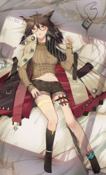 Rule 34 | 1girl, 7t, absurdres, ahoge, arknights, bed sheet, black-framed eyewear, black socks, bracelet, breasts, brown coat, brown hair, brown shorts, brown sweater, buttons, chinese commentary, coat, day, feather hair, from above, full body, glasses, hair between eyes, highres, indoors, jewelry, large buttons, long sleeves, looking at viewer, lying, material growth, medium breasts, medium hair, midriff, name tag, navel, on back, open clothes, open coat, orange eyes, oripathy lesion (arknights), parted lips, pillow, rhine lab logo, ribbed sweater, round eyewear, shade, short shorts, shorts, silence (arknights), sleeves past wrists, socks, solo, strap, sunlight, sweater, test tube, thigh strap, thighs, turtleneck, turtleneck sweater