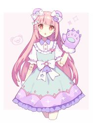 Rule 34 | animal ears, bear ears, bear girl, bear paws, blunt bangs, blush, bow, buttons, candy hair ornament, cowboy shot, doll joints, dress, food-themed hair ornament, frilled dress, frills, gloves, hair bow, hair ornament, hatoichi reno, highres, joints, long hair, looking at viewer, open mouth, original, pink eyes, pink hair, puffy short sleeves, puffy sleeves, purple gloves, short sleeves, solo, star (symbol), star hair ornament, white bow