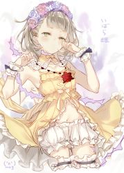 Rule 34 | 1girl, bad id, bad pixiv id, bloomers (victorian), blunt bangs, blush, briar rose (sinoalice), closed mouth, flower, frills, fukuda935, green eyes, hair flower, hair ornament, head wreath, jewelry, looking at viewer, necklace, pajamas, rose, rubbing eyes, short hair, signature, sinoalice, solo, thighhighs, thorns, tired