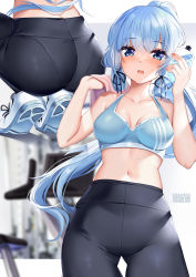 Rule 34 | 1girl, ass, ayaka (genshin impact), black ribbon, blue eyes, blunt bangs, blush, bottle, breasts, cleavage, commentary request, genshin impact, hair ornament, hair ribbon, hands up, highres, holding, holding bottle, holding towel, long hair, looking at viewer, medium breasts, mole, mole under eye, navel, open mouth, pantylines, ponytail, ribbon, shoes, sidelocks, squchan, striped, sweat, teeth, towel, upper teeth only, white footwear