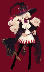 Rule 34 | 1girl, black cape, black hat, blue eyes, bow, bowtie, cape, closed mouth, contrapposto, cookie run, cream puff cookie, dress, hat, highres, holding, holding wand, jitome, long hair, pigeon666, profile, red background, simple background, solo, standing, wand, white bow, white bowtie, white dress, white hair, witch hat
