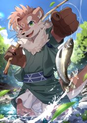 Rule 34 | 1boy, absurdres, agitong, animal ears, blue sky, claws, cloud, cloudy sky, commentary request, falling leaves, fishing, fishing line, fishing rod, fundoshi, furry, furry male, green eyes, highres, holding, holding fishing rod, japanese clothes, leaf, looking at viewer, male focus, one eye closed, otter (housamo), otter boy, otter ears, otter tail, sky, tail, tokyo houkago summoners