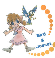 Rule 34 | 1girl, animal, bird, blue eyes, brown hair, character name, dress, full body, gem, jewelry, josette, looking at viewer, necklace, outstretched arms, pendant, pink dress, shoes, short sleeves, simple background, solo, white background, wonder project j2