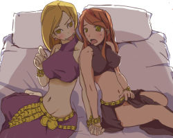 Rule 34 | 2girls, bare shoulders, bed, blonde hair, brown hair, celia, female focus, final fantasy, final fantasy tactics, holding hands, henoeno, lettie, long hair, midriff, multiple girls, open mouth, tank top, wristband, yellow eyes