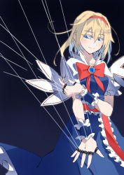 Rule 34 | 1girl, absurdres, alice margatroid, black background, blonde hair, blue dress, blue eyes, bow, bowtie, capelet, closed mouth, doll joints, dress, hairband, highres, joints, kakaricho dairi, looking at viewer, red bow, red bowtie, red hairband, simple background, smile, solo, touhou, white capelet, wrist cuffs