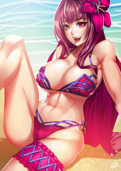 Rule 34 | 1girl, :d, abs, absurdres, arm support, beach, bikini, breasts, cameltoe, caustics, cleavage, commentary, commission, covered erect nipples, day, english commentary, fate/grand order, fate (series), flower, frills, gdecy, hair flower, hair intakes, hair ornament, hibiscus, highres, large breasts, bridal garter, leg up, long hair, looking at viewer, mons pubis, navel, open mouth, outdoors, pink bikini, pink hair, red eyes, sand, scathach (fate), scathach (fate), scathach (fate/grand order), scathach (swimsuit assassin) (fate), side-tie bikini bottom, signature, sitting, smile, solo, stomach, sunlight, swimsuit, teeth, thighs, toned, upper teeth only, very long hair, water