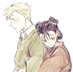 Rule 34 | 1boy, 1girl, alphonse elric, black eyes, black hair, blonde hair, blush, braid, closed mouth, collared shirt, cu churain, double bun, dress shirt, expressionless, formal, fullmetal alchemist, green jacket, half-closed eyes, height difference, hug, hug from behind, jacket, jitome, leaning on person, looking down, may chang, multiple braids, parted lips, profile, robe, shirt, simple background, upper body, white background, yellow eyes