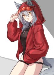 Rule 34 | 1girl, animal ears, arknights, black one-piece swimsuit, commentary, cowboy shot, ears through headwear, fang, grey hair, hair between eyes, hand in pocket, hand up, highleg, highleg swimsuit, highres, hood, hood up, jacket, looking at viewer, mabing, medium hair, official alternate costume, one-piece swimsuit, open mouth, projekt red (arknights), projekt red (light breeze) (arknights), red jacket, simple background, solo, swimsuit, tail, thigh strap, white background, wolf ears, wolf girl, wolf tail, yellow eyes