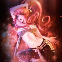 Rule 34 | 1girl, alternate costume, armpits, artist name, bandages, bandages around chest, bare arms, bare shoulders, breasts, erza scarlet, facing viewer, fairy tail, fighting stance, hakama, hakama skirt, holding, holding sword, holding weapon, japanese clothes, katana, kg fantasy, large breasts, long hair, no shirt, ponytail, red hair, red hakama, skirt, solo, stomach, sword, tattoo, very long hair, weapon