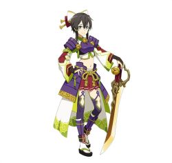 Rule 34 | 10s, 1girl, asada shino, bell, black eyes, black hair, bow, bridal gauntlets, full body, green ribbon, hair bow, hair ribbon, hand on own hip, holding, holding sword, holding weapon, looking at viewer, midriff, miniskirt, pleated skirt, red skirt, ribbon, short hair with long locks, sidelocks, simple background, skirt, smile, solo, standing, stomach, sword, sword art online, thighhighs, weapon, white background, white bow