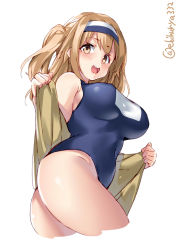 Rule 34 | 1girl, blush, breasts, brown eyes, ebifurya, hairband, highres, i-26 (kancolle), kantai collection, large breasts, light brown hair, long hair, looking at viewer, open clothes, open mouth, sailor collar, school swimsuit, simple background, smile, solo, swimsuit, swimsuit under clothes, thighs, twitter username, two-tone hairband, two side up, white background