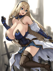 Rule 34 | 1girl, bare shoulders, belt, black footwear, black gloves, blonde hair, blue dress, blue eyes, blue hairband, blue skirt, blurry, blurry background, blush, boots, braid, breasts, brown belt, cape, cleavage, detached collar, detached sleeves, dress, gauntlets, gloves, hair between eyes, hairband, hand up, highres, holding, holding sword, holding weapon, houtengeki, knight, large breasts, long bangs, long hair, open mouth, original, pleated skirt, single braid, skirt, sleeveless, solo, standing, standing on one leg, strapless, strapless dress, sword, thigh boots, thighs, waist cape, weapon, white cape, white sleeves