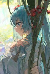Rule 34 | 1girl, \||/, aqua eyes, aqua hair, closed mouth, dress, frilled sleeves, frills, from side, hair flowing over, hand on own chest, hatsune miku, highres, long hair, long sleeves, plant, rain, sentter, solo, upper body, vines, vocaloid, wet, wet hair, white dress