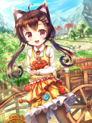 Rule 34 | 1girl, absurdres, ahoge, animal ears, apple, basket, black pantyhose, blush, brown hair, cart, cat ears, cat tail, day, food, fruit, hair ornament, hairclip, highres, long hair, looking at viewer, low twintails, mountain, open mouth, original, outdoors, pantyhose, red eyes, sakura ani, smile, tail, tree, twintails, village