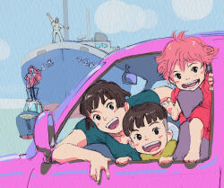 Rule 34 | 1other, 2boys, 2girls, barefoot, blush stickers, boat, brown hair, car, child, father and daughter, feet, fujimoto (ponyo), gake no ue no ponyo, happy, highres, lisa (ponyo), mother and son, motor vehicle, multiple boys, multiple girls, ponyo, sousuke (ponyo), studio ghibli, teeth, toes, tombiiwa, upper teeth only, watercraft