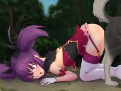 Rule 34 | 1girl, ass-to-ass, bent over, bestiality, blush, breasts, clothed sex, cum, dog, doggystyle, hetero, highres, kazama keito, knotting, outdoors, penis, purple hair, sex, sex from behind, tagme, vaginal, wolf