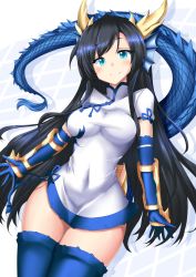 Rule 34 | 1girl, aqua eyes, black hair, blue gloves, blue thighhighs, blush, bracer, breasts, china dress, chinese clothes, closed mouth, cowboy shot, dragon girl, dragon tail, dress, dutch angle, elbow gloves, fins, gloves, head fins, karin (p&amp;d), long hair, looking at viewer, medium breasts, minato yoshihiro, puzzle &amp; dragons, short dress, smile, solo, tail, thighhighs, thighs, very long hair, white dress