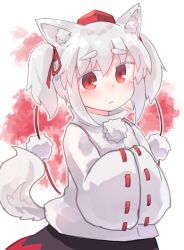 Rule 34 | 1girl, :&lt;, animal ear fluff, animal ears, black skirt, blush, closed mouth, colored eyelashes, grey hair, hair between eyes, hair ribbon, hands in opposite sleeves, hat, highres, inubashiri momiji, kibisake, long sleeves, looking at viewer, outline, pom pom (clothes), red hat, red ribbon, ribbon, ribbon-trimmed sleeves, ribbon trim, shirt, sidelocks, skirt, solo, tail, thick eyebrows, tokin hat, touhou, twintails, white outline, white shirt, wide sleeves, wolf ears, wolf girl, wolf tail