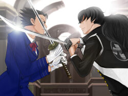 Rule 34 | 2boys, ace attorney, black hair, blue suit, blurry, blurry background, bow, bowtie, eye contact, formal, gloves, holding, holding sword, holding weapon, indoors, kaeru30th, katana, long hair, long sleeves, looking at another, male focus, multiple boys, phoenix wright, phoenix wright: ace attorney - dual destinies, ponytail, red bow, red bowtie, short hair, simon blackquill, spiked hair, suit, sword, weapon, white gloves