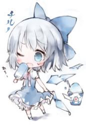 Rule 34 | 1girl, blue eyes, blue hair, blush, bow, chibi, cirno, d;, dress, food, hair bow, ice, ice cream, ice wings, kotatu (akaki01aoki00), matching hair/eyes, melting, one eye closed, open mouth, popsicle, shaved ice, short hair, simple background, solo, sweat, touhou, wings
