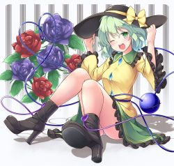 Rule 34 | 1girl, ;d, absurdres, aka tawashi, ass, black footwear, black hat, blush, boots, bow, breasts, commentary request, flower, frilled shirt collar, frilled sleeves, frills, full body, green eyes, green hair, green skirt, hair between eyes, hands on headwear, hands up, hat, hat bow, head tilt, heart, heart of string, high heel boots, high heels, highres, knees up, komeiji koishi, leaf, long sleeves, looking at viewer, medium breasts, miniskirt, one eye closed, open mouth, panties, pantyshot, petticoat, purple flower, purple rose, red flower, red rose, rose, shadow, shirt, shoe soles, short hair, sitting, skirt, smile, solo, striped, thighs, third eye, touhou, underwear, vertical stripes, white background, white panties, wide sleeves, yellow bow, yellow shirt