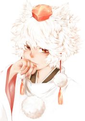Rule 34 | 1girl, animal ears, bad id, bad pixiv id, blush, close-up, hand to own mouth, hat, inubashiri momiji, messy hair, red eyes, short hair, simple background, solo, tohya, tokin hat, touhou, touya (tottoo-to), white background, white hair, wolf ears