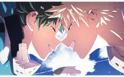Rule 34 | 2boys, adam&#039;s apple, bakugou katsuki, blonde hair, blue sky, boku no hero academia, border, close-up, closed eyes, collar, costume, day, face-to-face, forehead-to-forehead, freckles, gloves, green hair, green jumpsuit, grin, heads together, highres, holding hands, hood, hood down, implied yaoi, jumpsuit, letterboxed, male focus, mask, mask around neck, unworn mask, midoriya izuku, mouth mask, multiple boys, neck brace, outdoors, short hair, sky, smile, spiked hair, tears, water drop, white border, yazaki (yazakc)