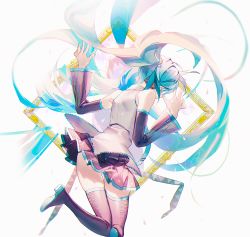 Rule 34 | 1girl, agyou sonokou l, aqua hair, aqua nails, aqua necktie, bare shoulders, belt, black skirt, black sleeves, black thighhighs, boots, commentary, detached sleeves, closed eyes, floating hair, from behind, grey shirt, hair ornament, hands up, hatsune miku, headphones, headset, high heels, highres, legs up, long hair, making-of available, miniskirt, nail polish, necktie, painting (object), piano print, pleated skirt, shirt, skindentation, skirt, sleeveless, sleeveless shirt, solo, thigh boots, thighhighs, twintails, very long hair, vocaloid, zettai ryouiki