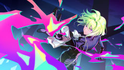Rule 34 | 1boy, absurdres, androgynous, ascot, black jacket, closed mouth, fire, glaring, gloves, green fire, green hair, highres, jacket, lio fotia, long sleeves, male focus, mi lu-zi, outstretched arm, promare, purple eyes, purple fire, pyrokinesis, short hair, solo